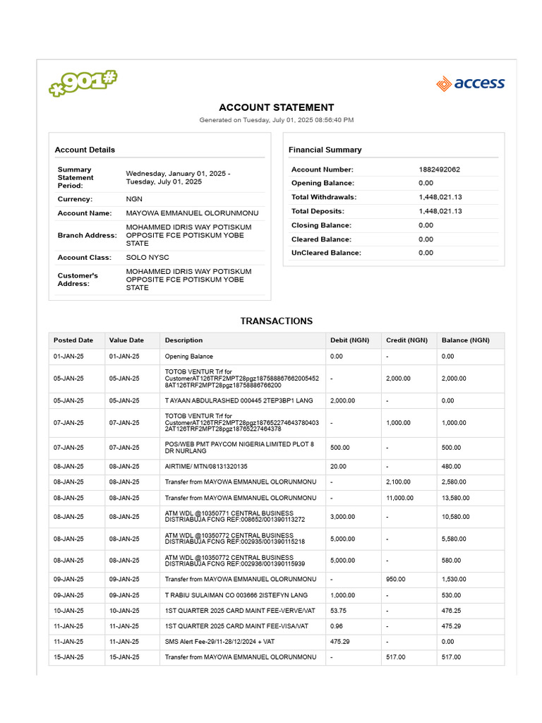 Statement_1882492062_20250701205653 | PDF | Debit Card | Money