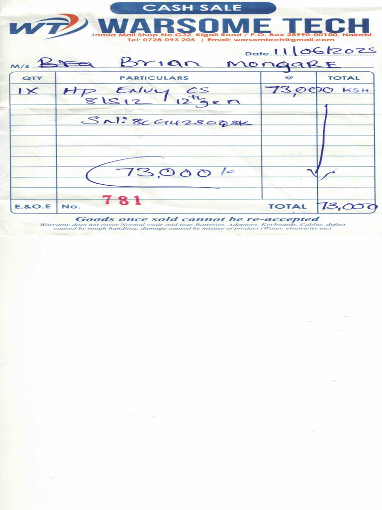 Cash Sale Receipt Template Nairobi | PDF