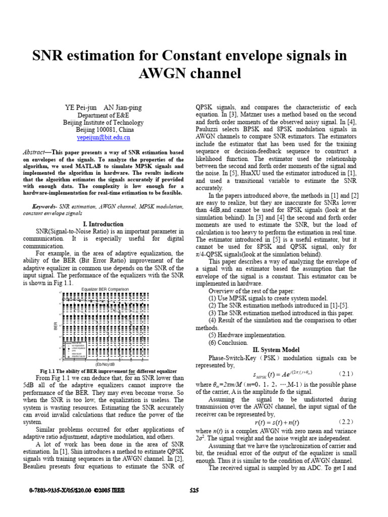 SNR Estimation For Constant Envelope Signals in AWGN Channel | PDF ...