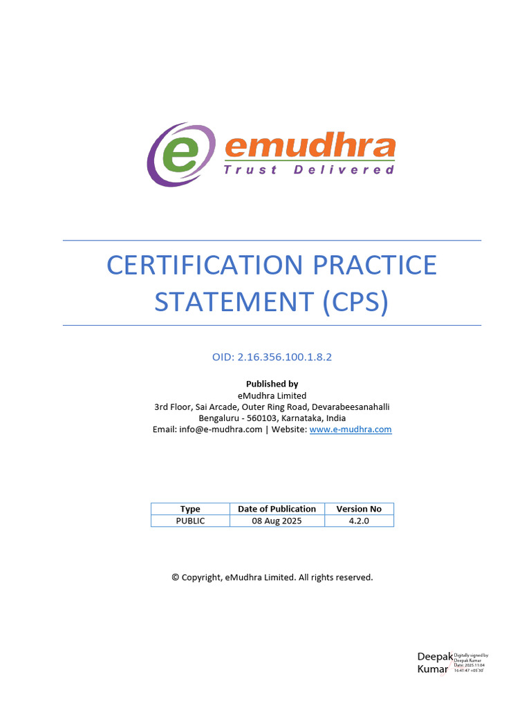 eMudhra CA Certification Practice Statement | PDF | Public Key ...