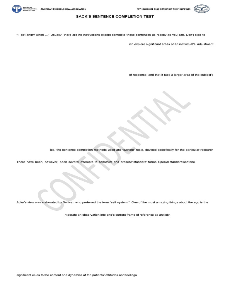 Sacks' Sentence Completion Test Overview | PDF | Attitude (Psychology ...