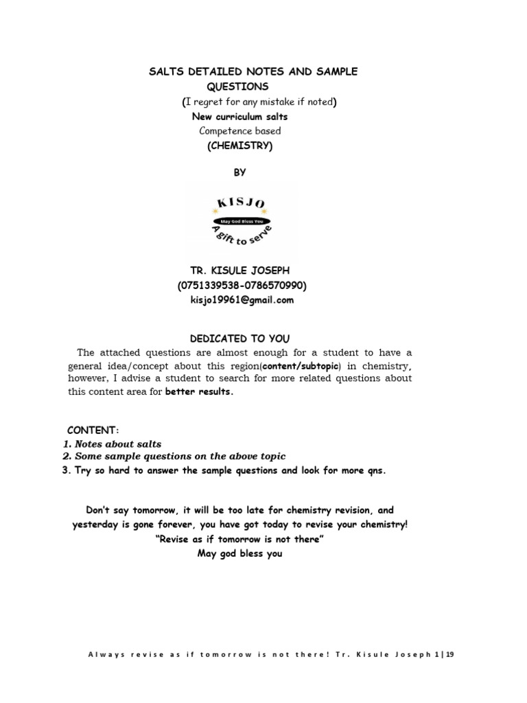 Salts: Notes and Sample Questions | PDF | Sodium Carbonate | Salt ...