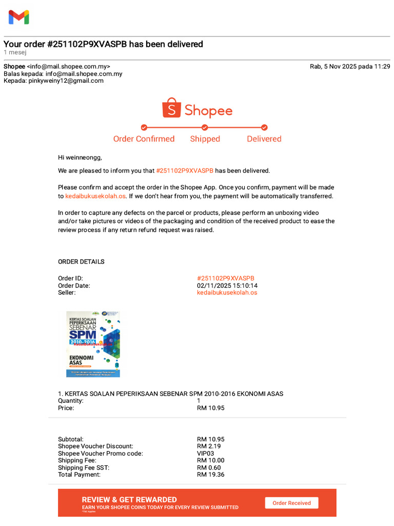 Shopee Order Delivery Confirmation | PDF | Service Industries