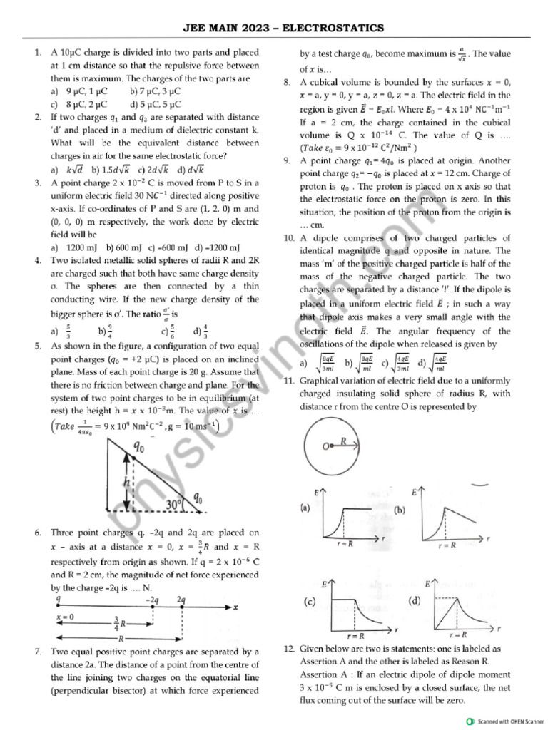 Electrostatics JEE 2023 QP With Solutions - Watermark | PDF