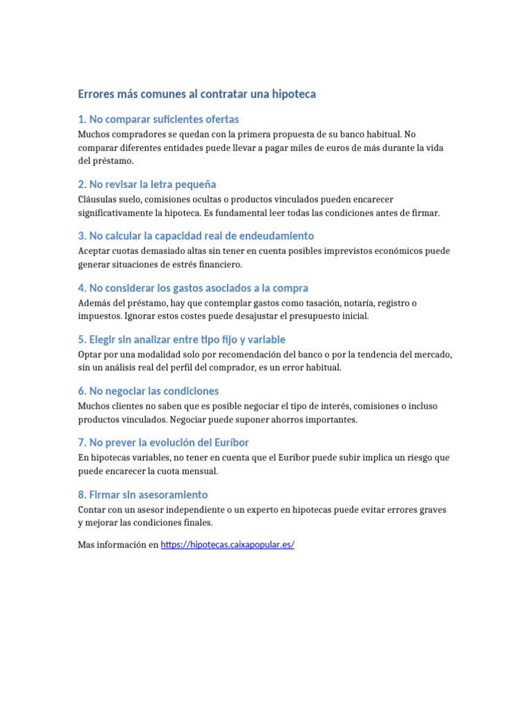 Los Errores Más Comunes A La Hora de Contratar Una Hipoteca | PDF