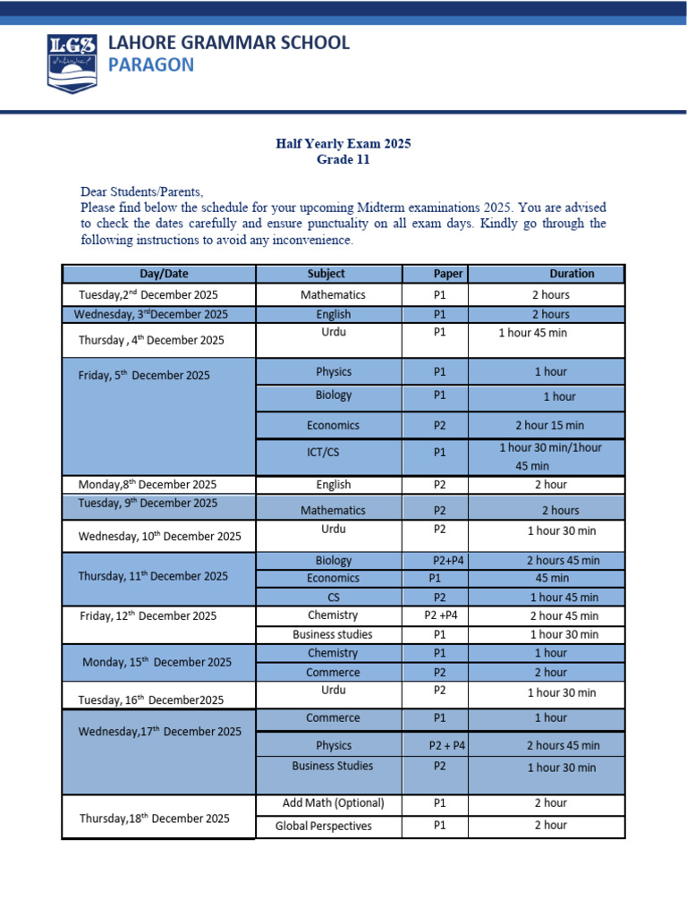 Lahore Grammar School Grade 11 Exam Schedule | PDF