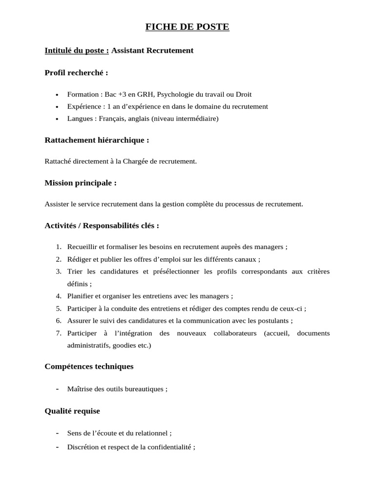 FICHE de POSTE - Assistant Recrutement | PDF