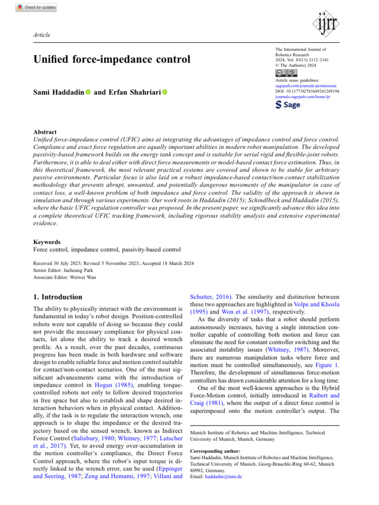 Haddadin Shahriari 2024 Unified Force Impedance Control | PDF | Force ...