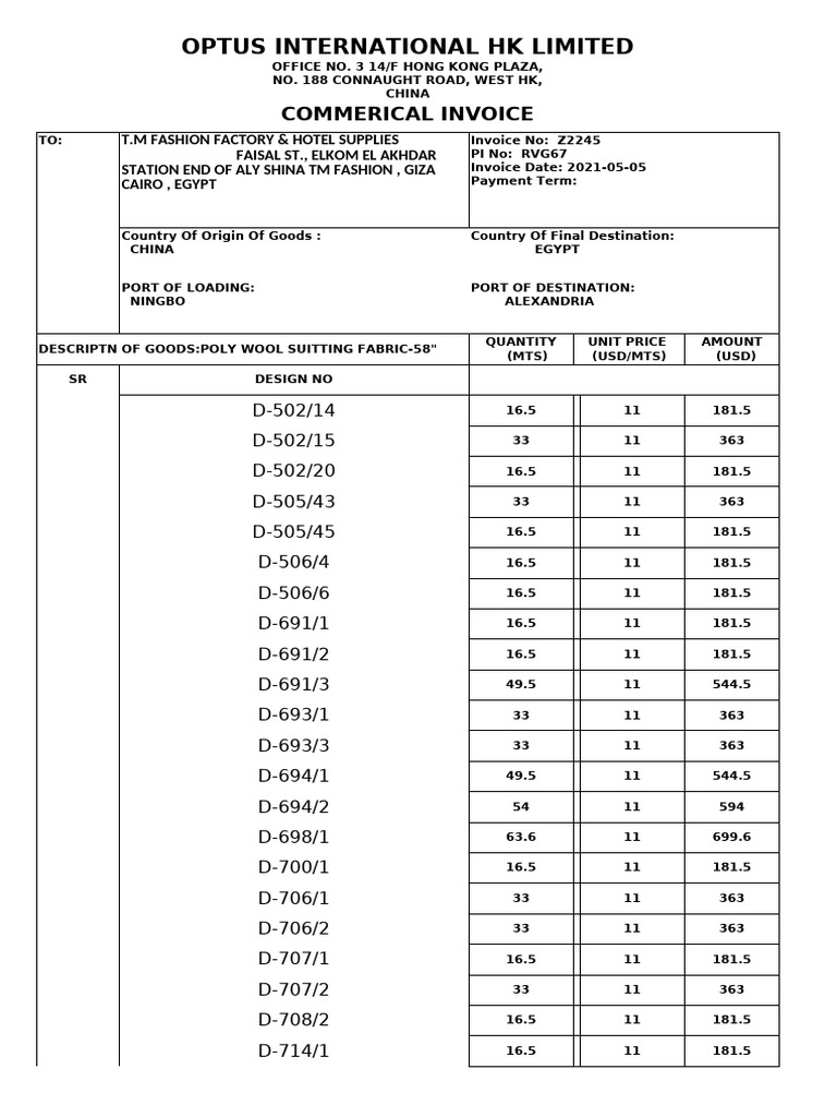 Rvg67 Inv Dpl Pl z2245实际发票 | PDF