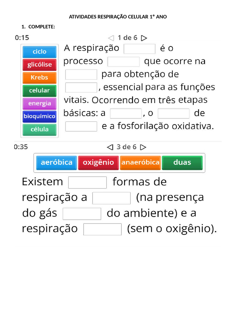 Atividades sobre Respiração Celular 1º Ano | PDF