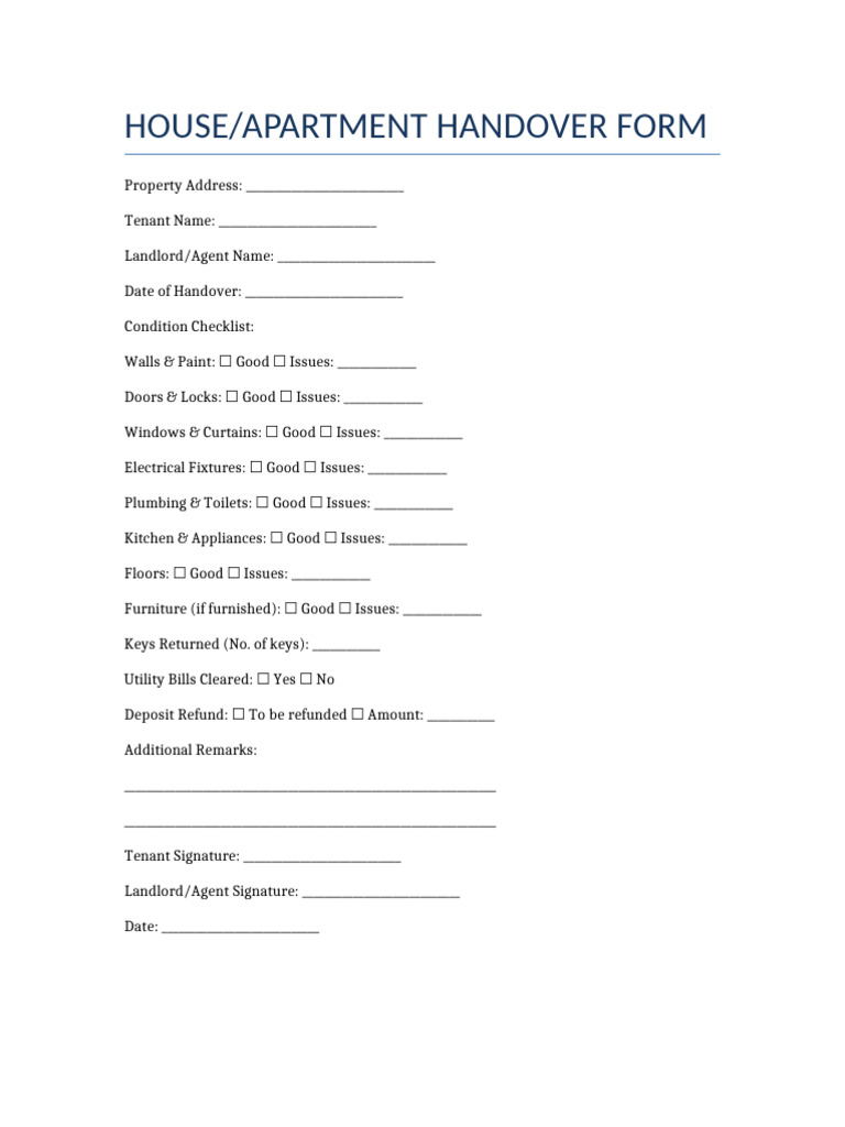 House Apartment Handover Checklist Form | PDF
