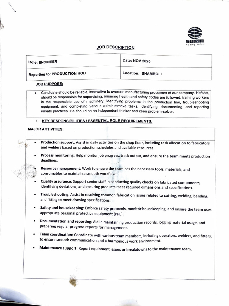 Engineer Job Description - Bhamboli | PDF | Business | Production And ...