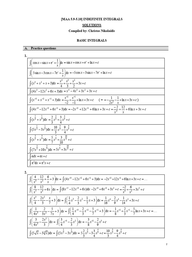 Answer Key Indefinate Integral PART I | PDF