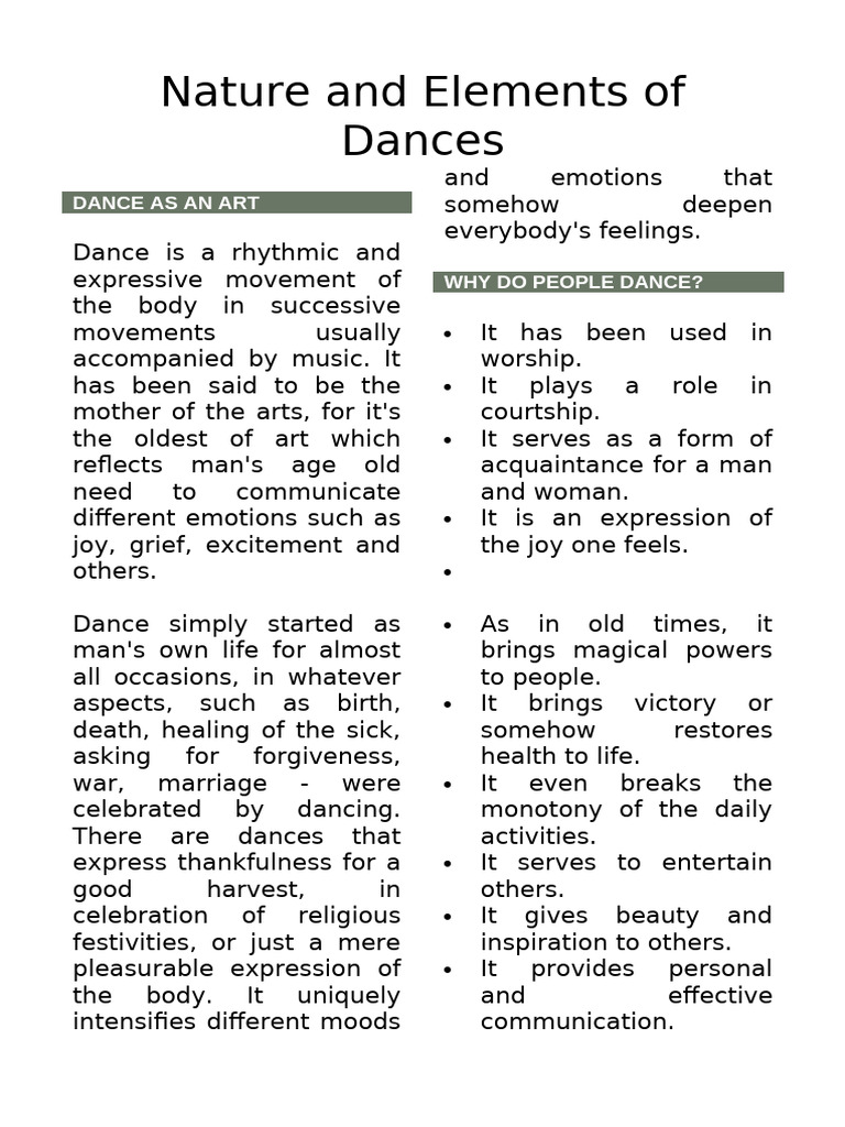Elements and Types of Dance Explained | PDF | Dances | Performing Arts