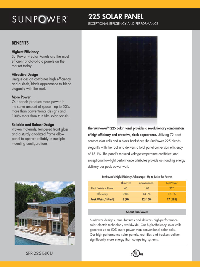 High-Efficiency SunPower 225 Solar Panel | PDF | Photovoltaics | Solar ...