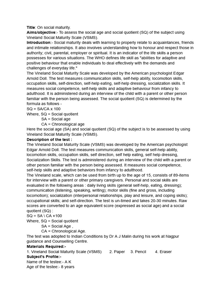 On Social Maturity | PDF | Socialization | Skill