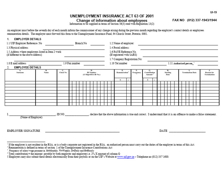 UIF Employee Information Update Form | PDF | Employment | Unemployment ...