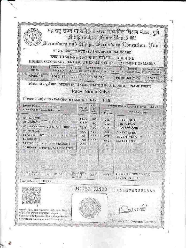 Marksheet of Last Examination Passed | PDF