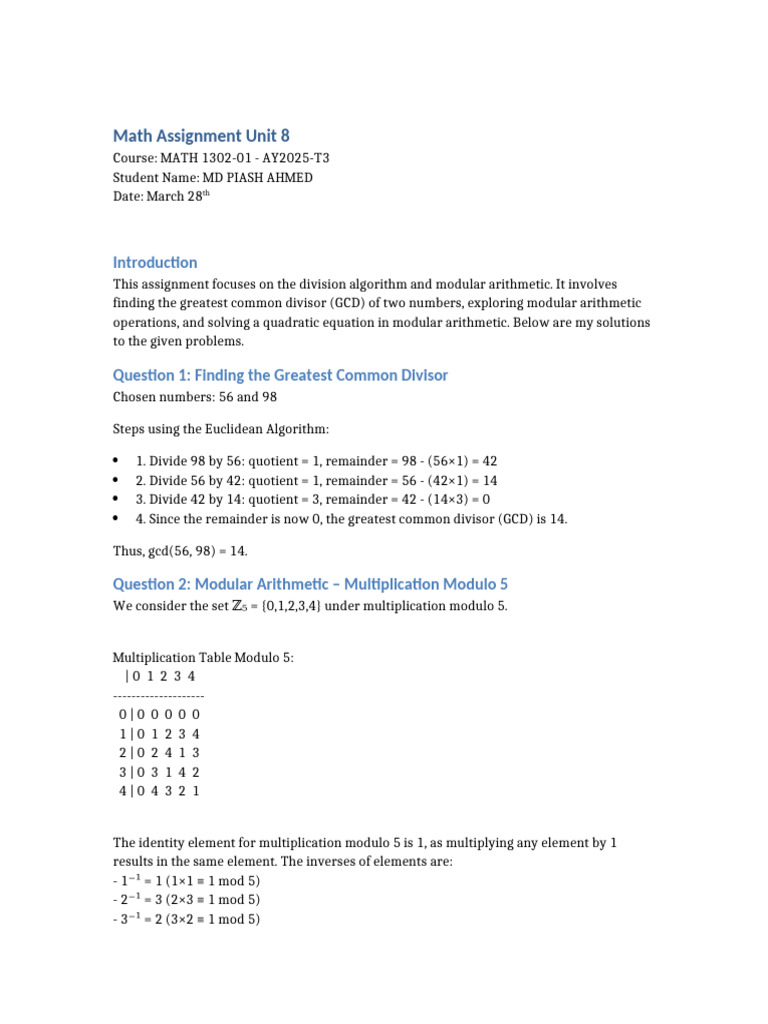 GCD and Modular Arithmetic Solutions | PDF