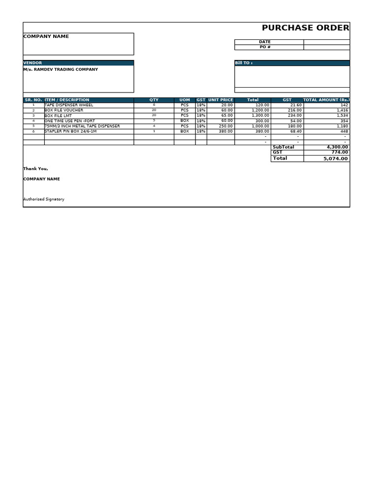Purchase Order for Office Supplies | PDF
