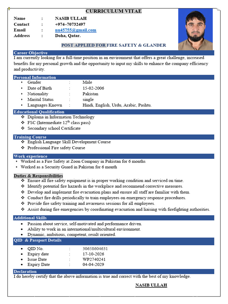 Fire Safety CV of Nasib Ullah | PDF
