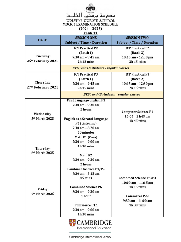 Year 11 Mock Exam Schedule 2025 | PDF
