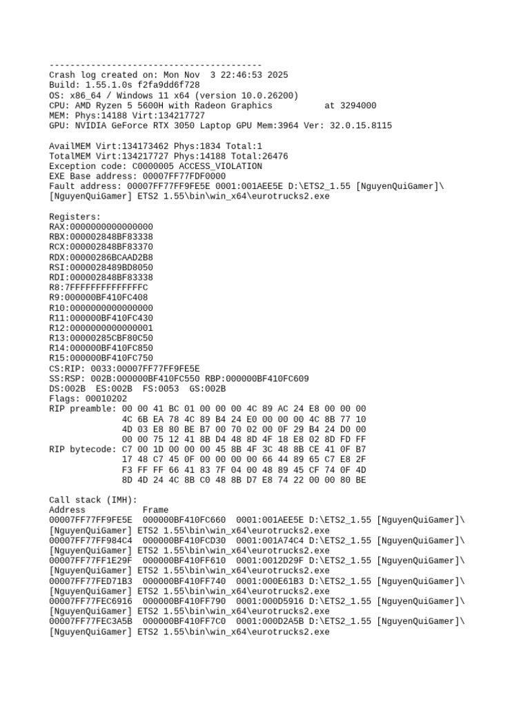 ETS2 1.55 Crash Log Analysis | PDF | Computing | Computer Architecture