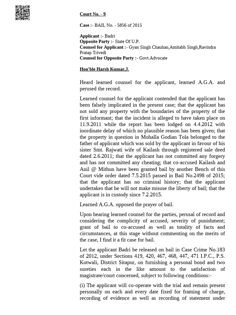 Bail Order for Badri in U.P. Case 2015 | PDF | Bail | Crime & Violence