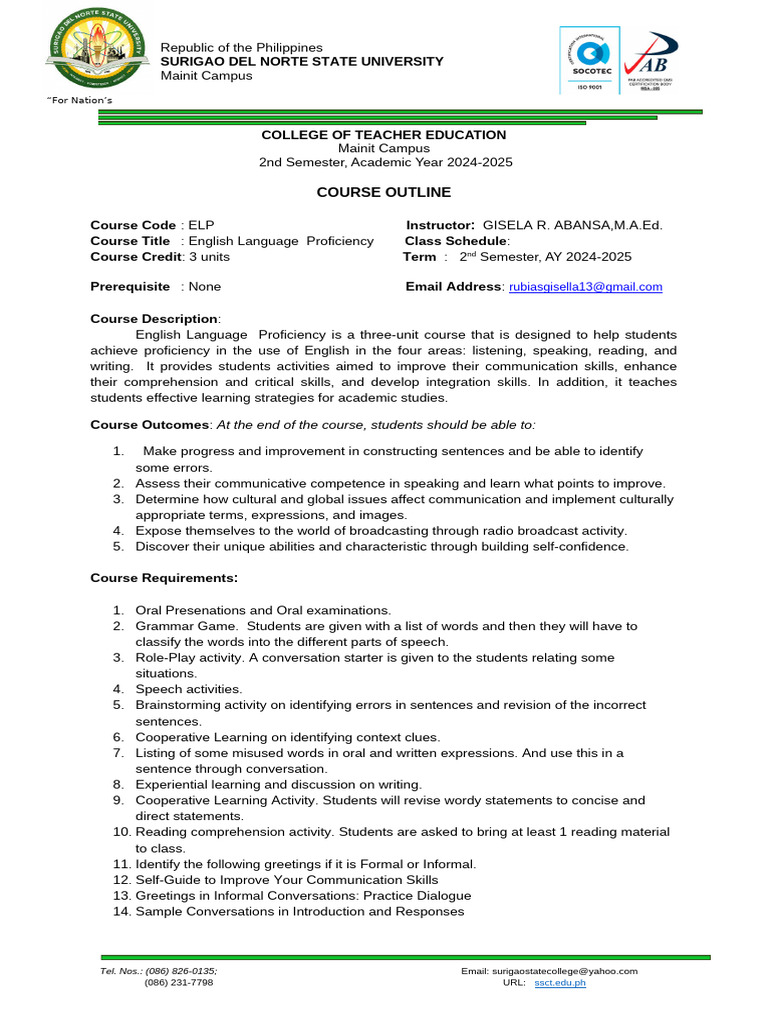 English Language Proficiency Course Outline | PDF | Reading ...