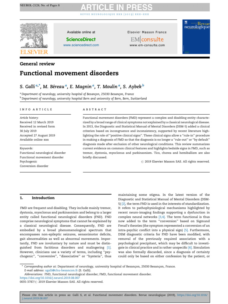 2019 Functional Movement Disorders | PDF | Dystonia | Nervous System