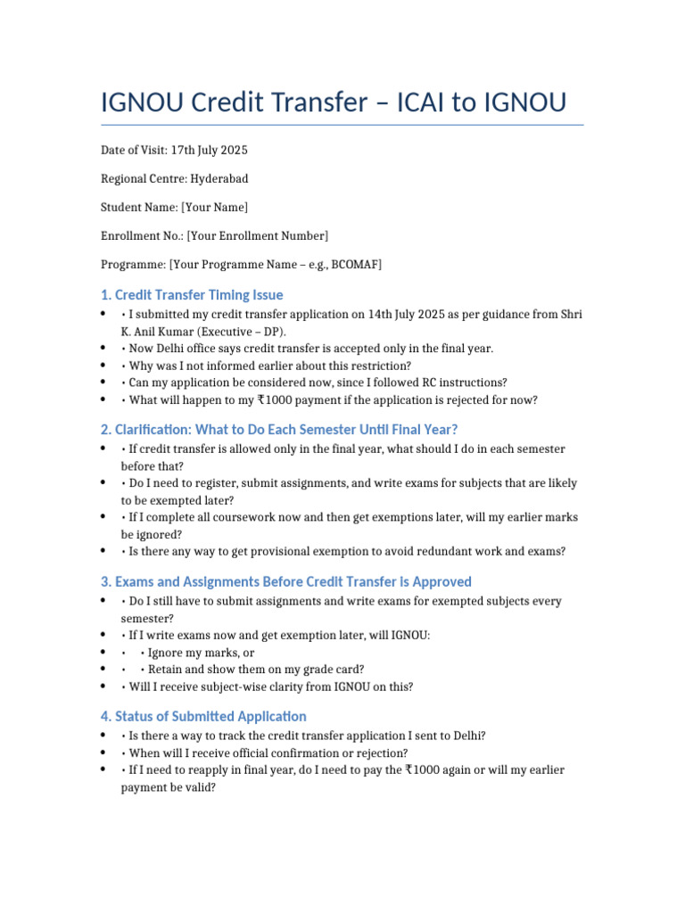 IGNOU Credit Transfer Guide for ICAI Students | PDF