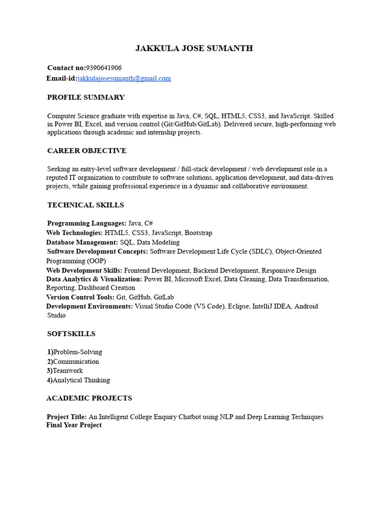 Jakkula Jose Sumanth Resume | PDF | Web Development | Object Oriented ...