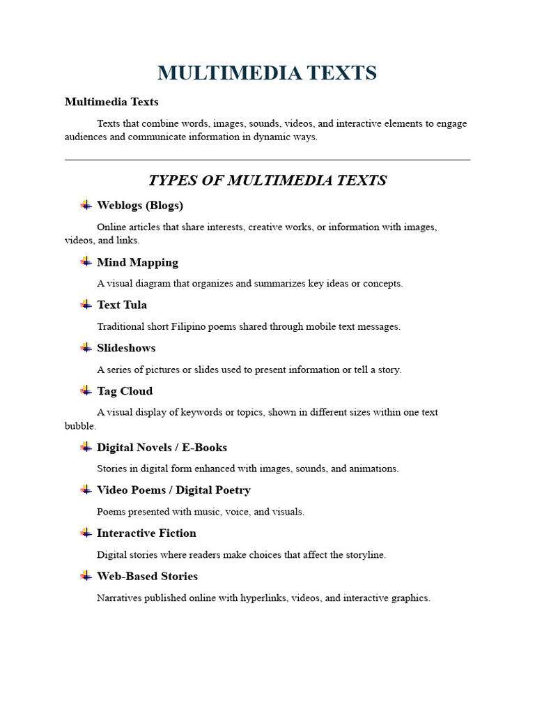 Types of Multimedia Texts Explained | PDF