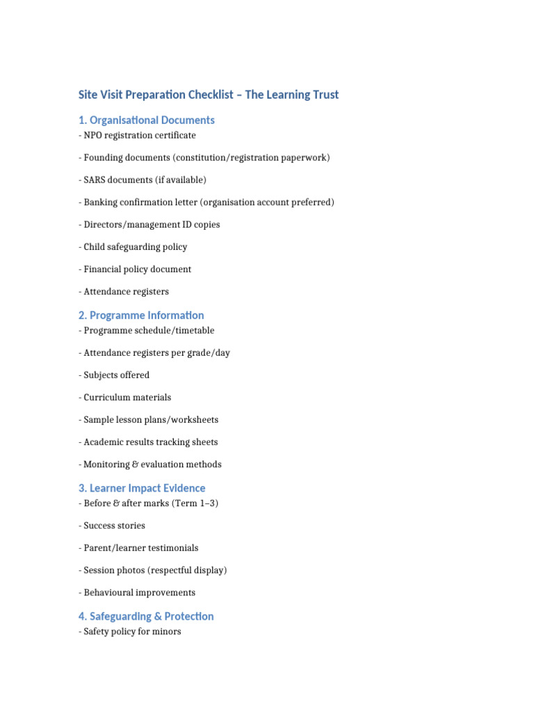 Site Visit Prep Checklist for Learning Trust | PDF