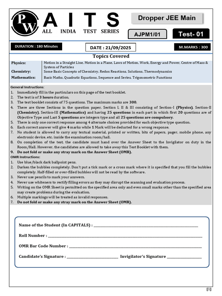 JEE Main Physics, Chemistry, Math Test Guide | PDF | Force | Mole (Unit)