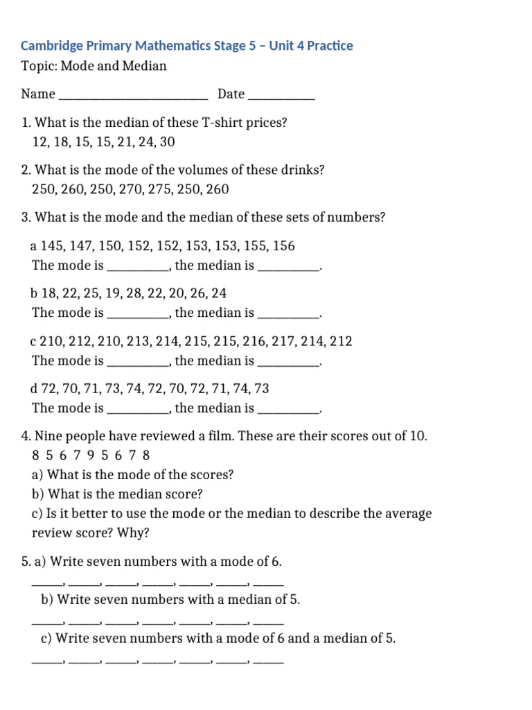 Mode and Median Practice Exercises | PDF