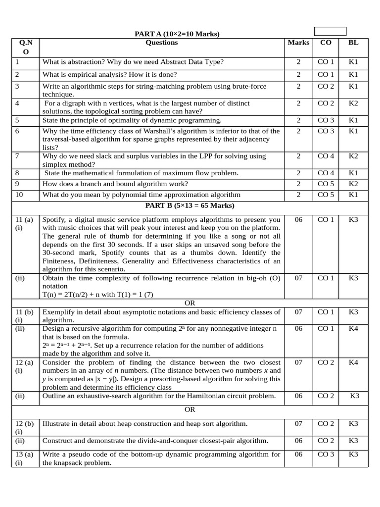 22adt302 Daa Model Set b1 | PDF | Mathematical Relations | Computer Science