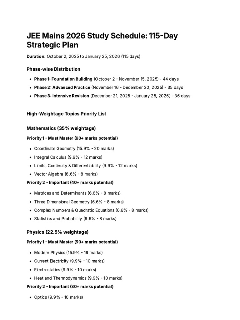 JEE Mains 2026: 115-Day Study Plan | PDF | Chemistry | Physics