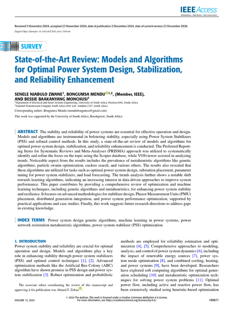 State-Of-The-Art Review Models and Algorithms For Optimal Power System ...
