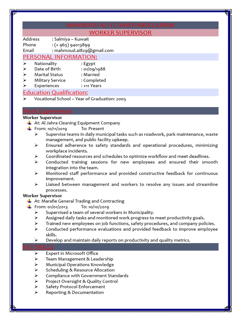 Worker Supervisor Resume - Mahmoud Ali | PDF
