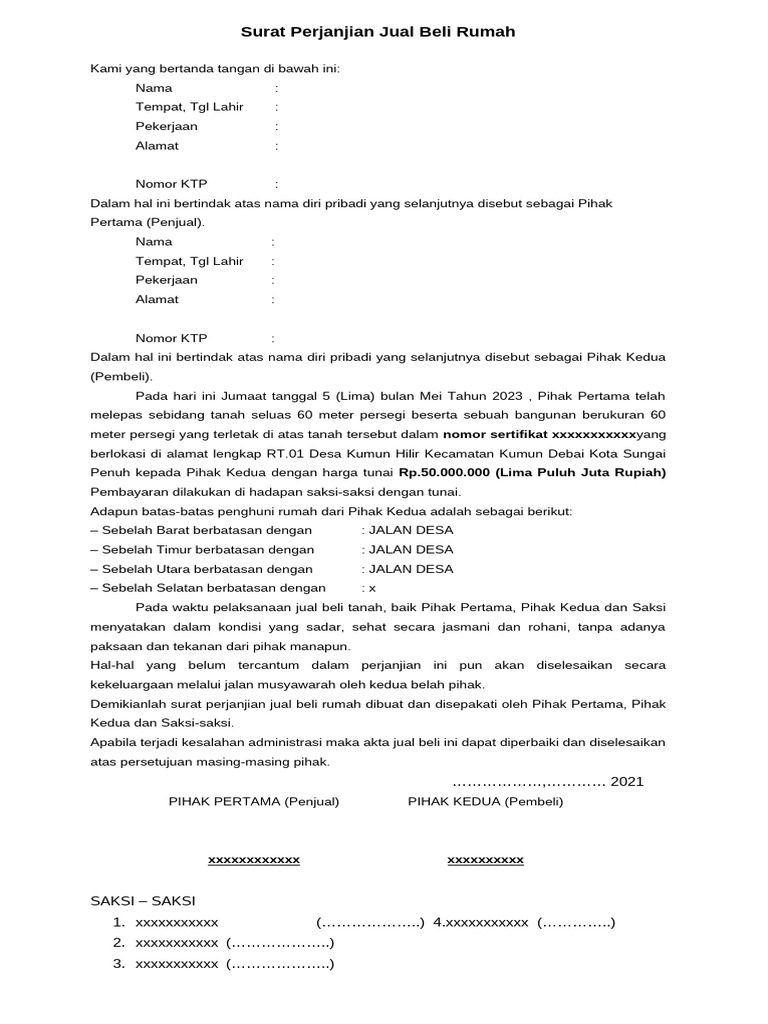 Perjanjian Jual Beli Rumah 2023 | PDF