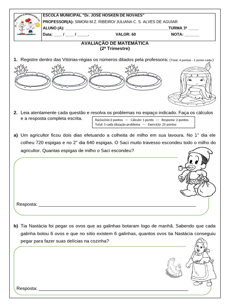 Avaliação de Matemática 3º Ano | PDF
