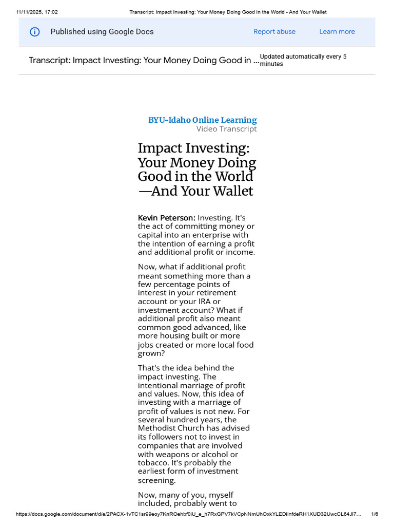 w11 Transcript - Impact Investing - Your Money Doing Good in The World ...
