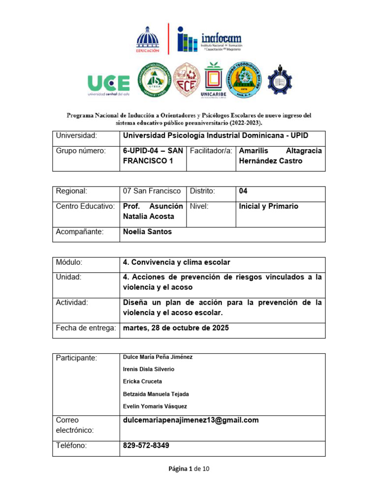 Plan de Acción contra Violencia Escolar | PDF | Las emociones ...