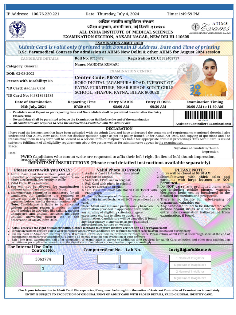 AIIMS Exam Admit Card Instructions | PDF | Identity Document ...