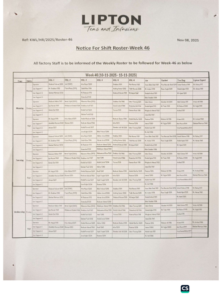 Roster Week 46 | PDF