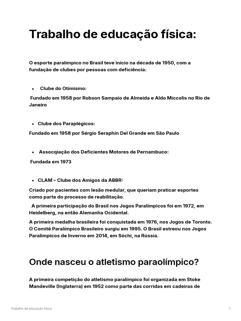 Trabalho de Educao Fsica | PDF | Jogos Paraolímpicos | Eventos ...