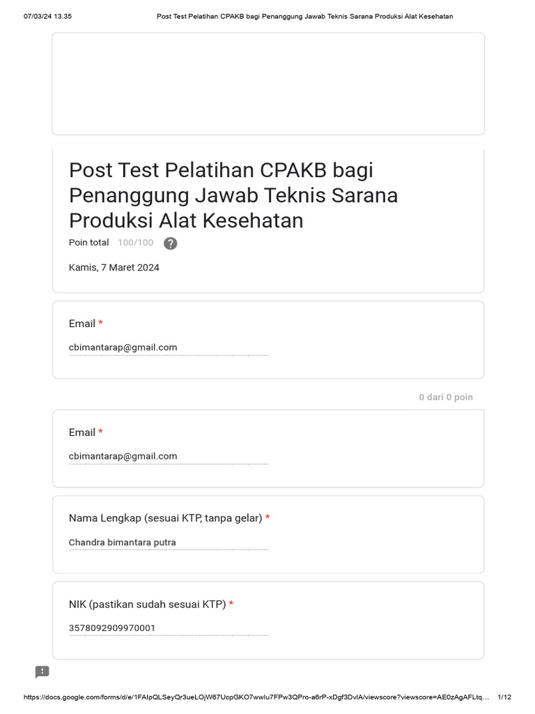 Post Test Pelatihan CPAKB Alat Kesehatan | PDF