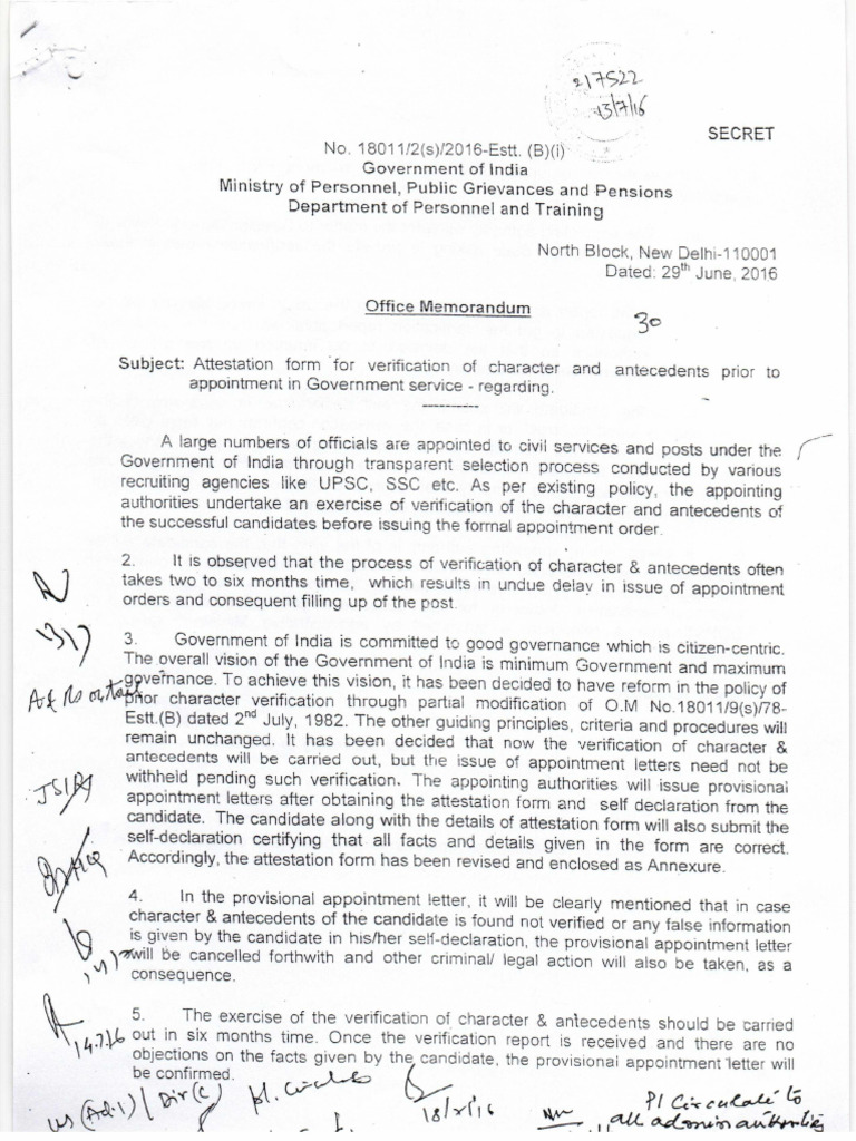 000-DoPT O.M. Dated 29.06.2016 - Attestation Form For Verification of ...