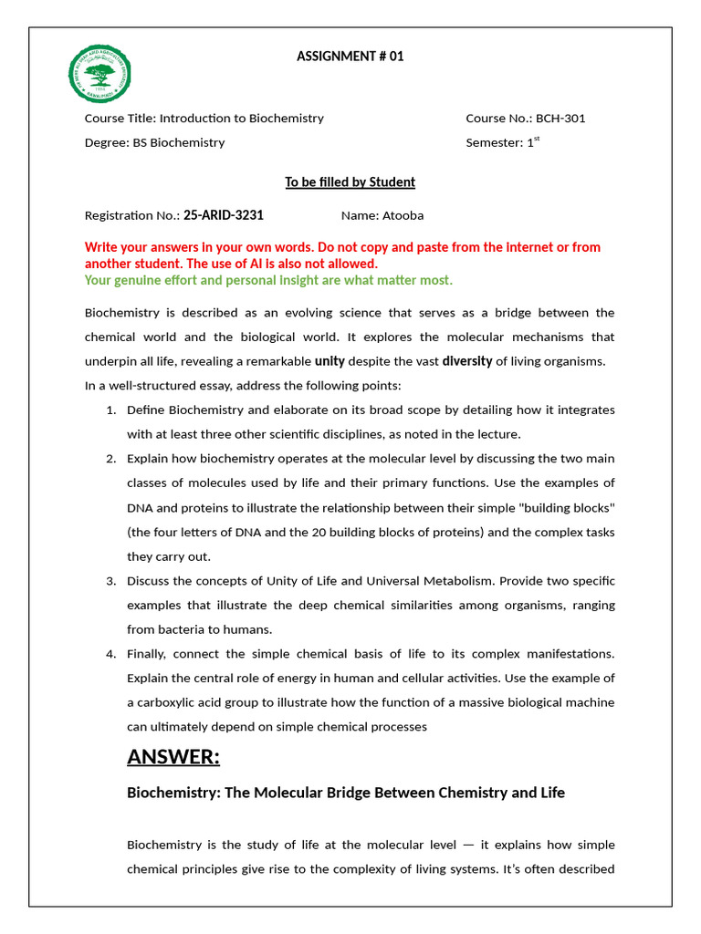 Assignment 1 BCH-301 (1) Atooba | PDF | Biochemistry | Chemistry